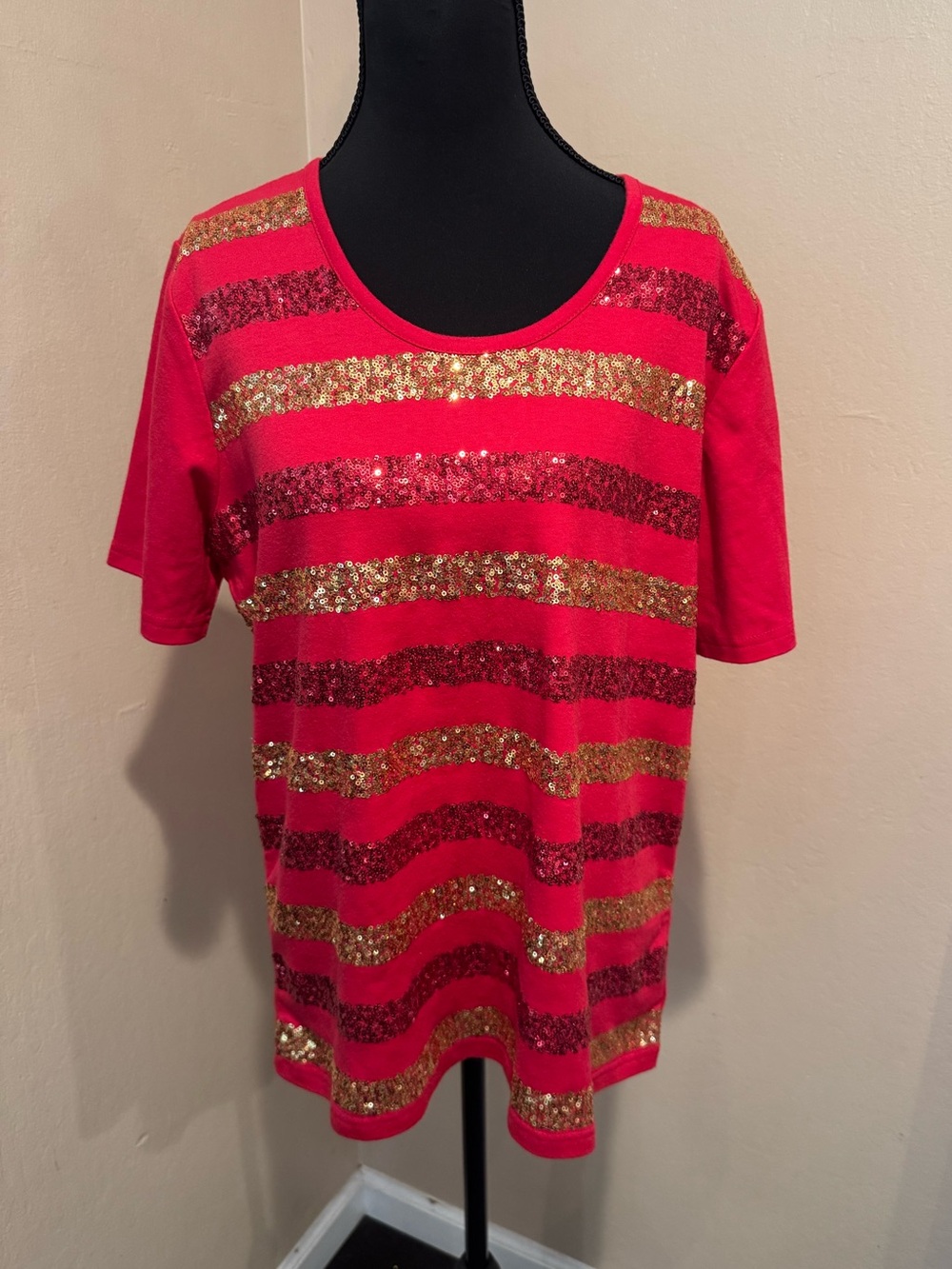 Bright Red Crewneck Tee with Gold and Red Sequin Horizontal Stripes Go Niners!